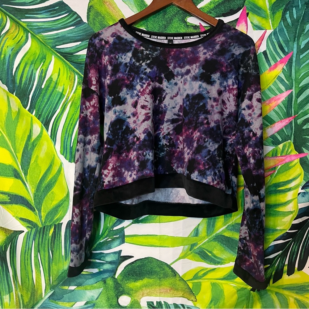 Steve Madden S Purple Black Crop Velour Trim Long Sleeve Athleisure Lounge Top